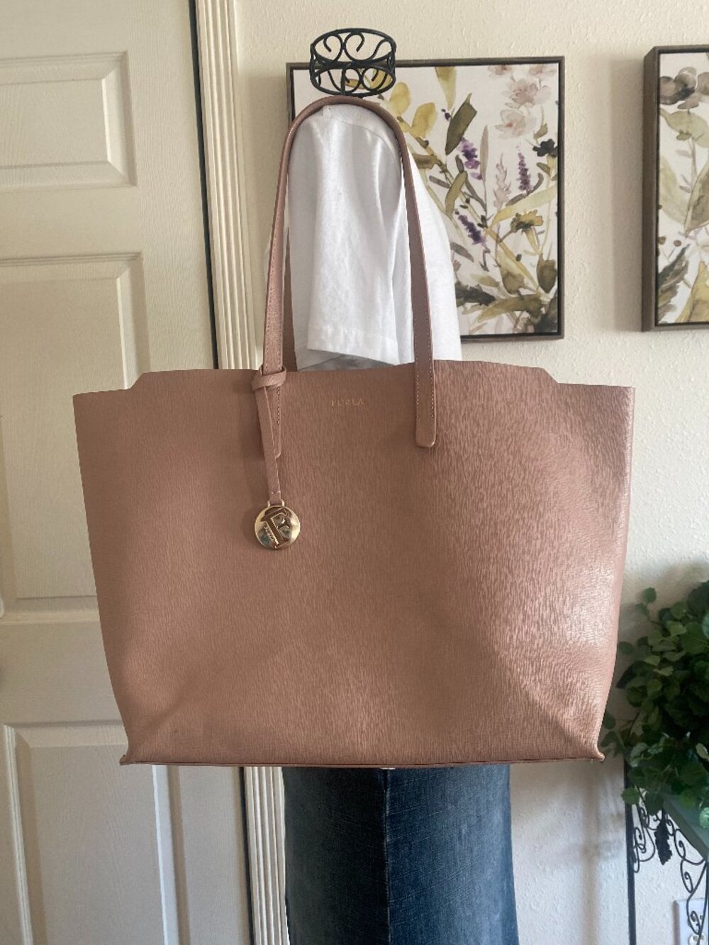 Furla blush pink leather tote with gold charm